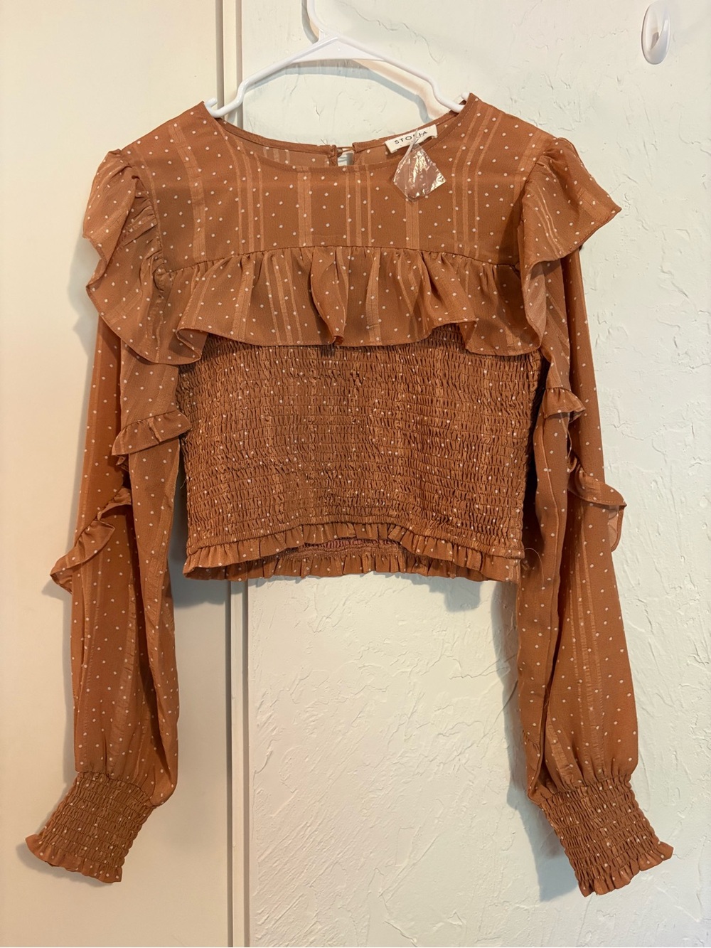 Storia Rust Brown Smocked Ruffle Long-Sleeve Crop Top